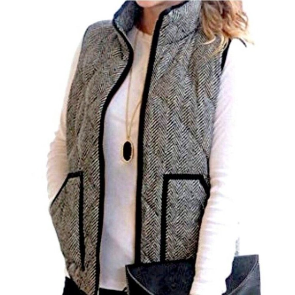 Merokeety Herringbone Quilted Vest Womens Size XS Black White Full Zip Pockets - Picture 3 of 10